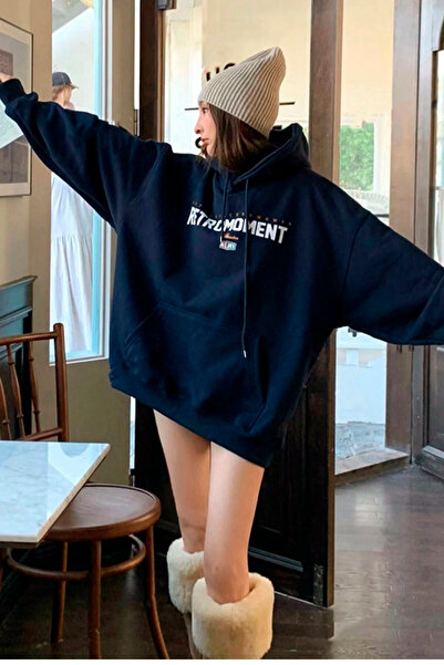 Benisengiydir navy Blue Oversize Hooded Women's Sweatshirt - Rft Printed