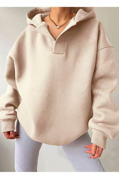 Benisengiydir Beige Color Oversize Hooded Women's Sweatshirt - Collar Detailed