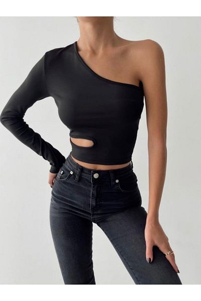 The Base Women's Black Scuba Fabric One Shoulder Waist Drop Detail Crop