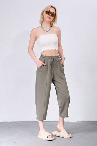 Domoda KHaki Modal Women's Trousers - Ultra Soft, Stitching Detail, Carrot Cut, Lace-up Elastic @malaga