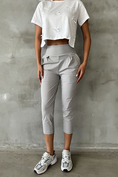 Domoda Gray Pleated, Side Pocket Summer Stretchy Fabric Women's Carrot Trousers @Bolzano