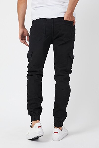 Serseri Black Slim Fit Men's Cargo Pants with Side Pockets, Waist Laces and Elastic Legs