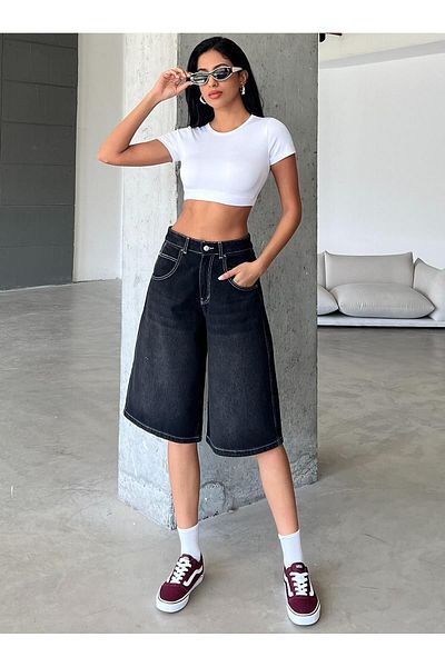 Maule Bequeme Baggy-Jeans – geräuchert, mit Schnallendetails, locker geschnittene Bermuda-Jeansshorts für Damen @casoria