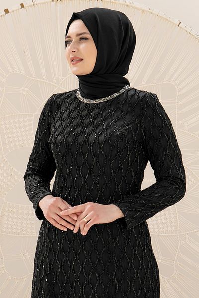DENİMİNİ Plus Size Glitter HijaB Evening Dress - Black with Stone EmBroidery DNM2232