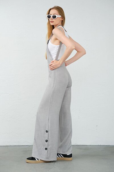 Domoda Gray Thick Strap Women's Salopet Loose Cut Back Zipper Shabby Button Detail