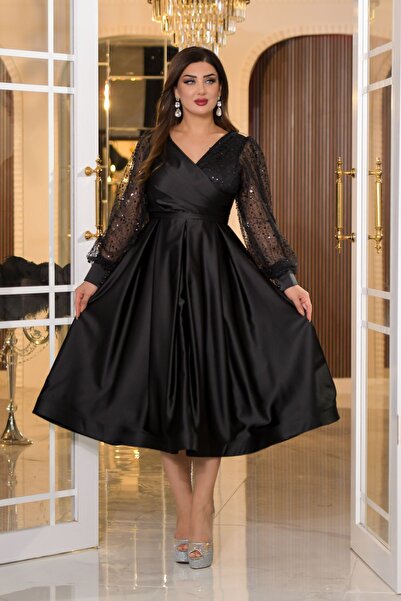 Matik Abiyem Saten İncili Tül Payet Tasarım V Dekolteli Diz Altı Elbise Abiye