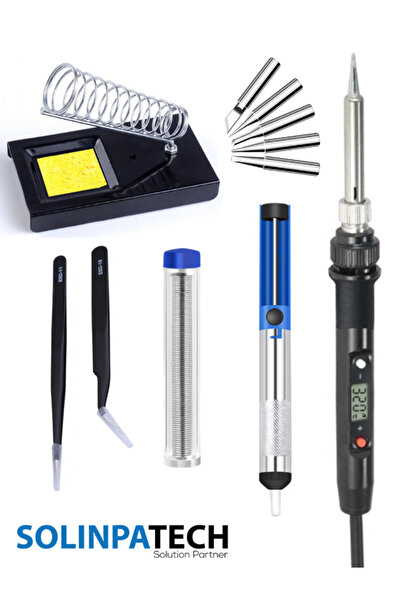 SolinpaTech 80w Lcd Ekranlı Isı Ayarlı Kalem Havya Sıcaklık Ayarlanabilir Lehim Makinesi Pompa Cımbız Seti