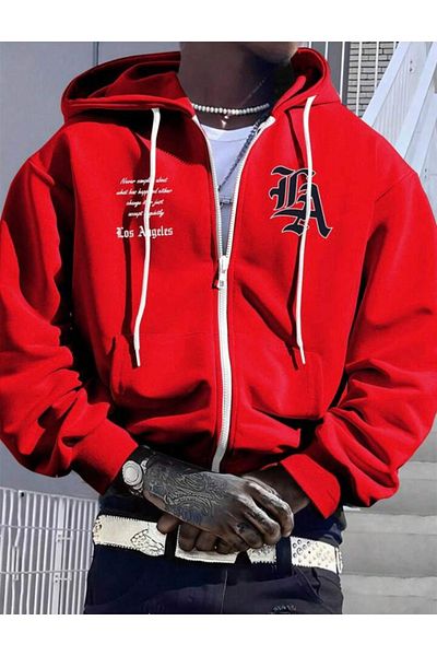 CAST COLLECTİON Red Men's Oversize Zippered Printed Jacket
