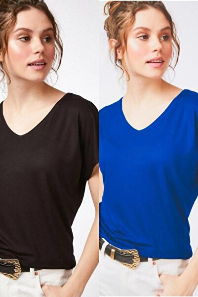 Devinka Kadın Siyah-Saks Mavi 2'li Paket Basic Örme T-Shirt