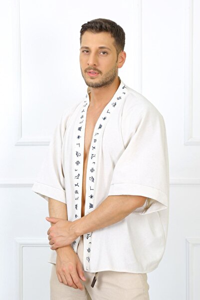 PALMMAMA Men's Japanese Letter Detailed Sailor Symbol Stone Color Linen Kimono with Accessories