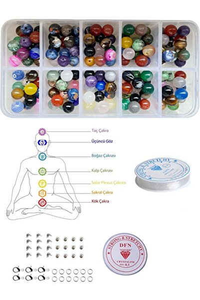 By MO Accessories 10'lu Mini Kutuda 150 Adet 8 Mm Mix Doğal Taş Takı Tasarım Seti Takı Yapım Yoga Çakra Boncukları