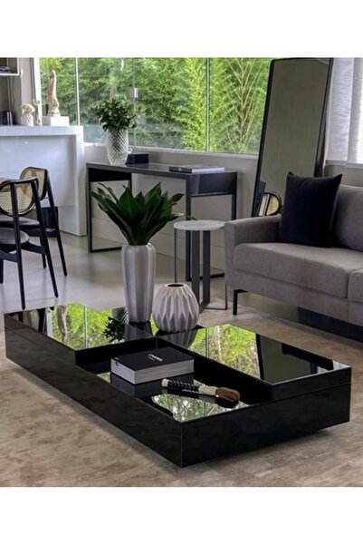 LUXURY VİLLA Luxury Siyah Camlı Tekerlekli Orta Sehpa 120x65 Yükseklik 28cm