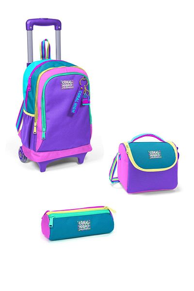 Coral High 3-piece School Bag SET - Pink Pastel Colored, Three Compartments, Squeegee Pattern 3set23959