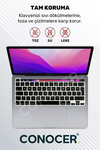 CONOCER Macbook Pro M2 13inc Uyumlu Klavye Koruyucu A2289 2251 A2338 A2141 Türkçe Baskı