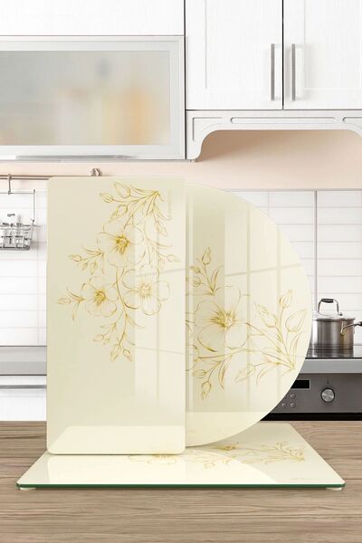 Decovetro Vintage Beige Floral Patterned 3-Piece Mixed Set - Glass Presentation Service