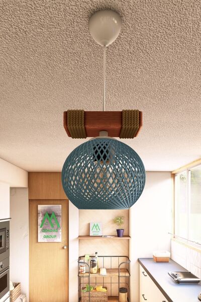 Naturel Lighting Ahşap Halatlı Balle Mavi Küre Top Tekli Sarkıt Kütük Avize