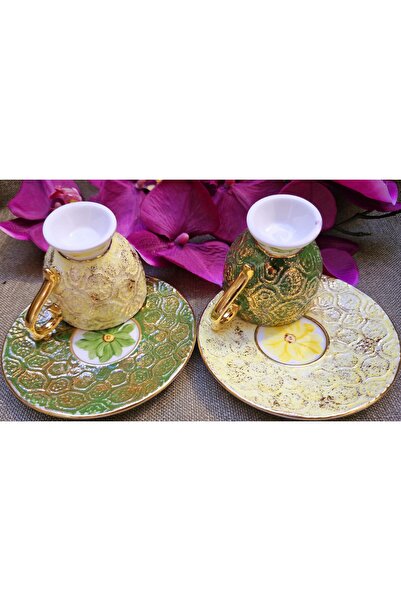 BY.RAYKA PORSELEN El Dekor Antique Porcelain Hand Painting Set of 2 Coffee Cups