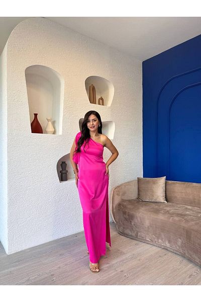 devesta Rochie din satin roz cu un singur maneca