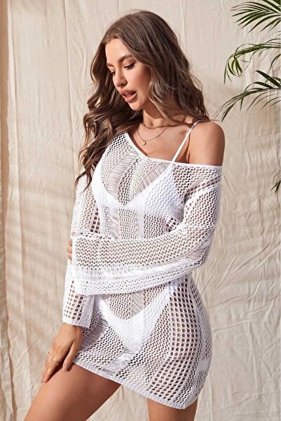 citystyle White Openwork Beach Dress - Wide Collar, Long Sleeve and Backless Detail
