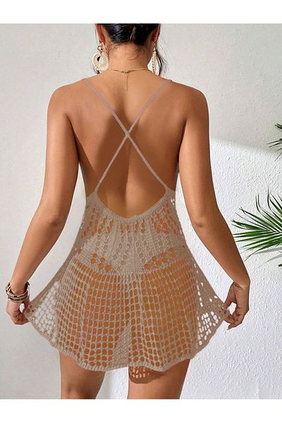 citystyle Μπεζ διχτυωτό μίνι φόρεμα παραλίας - λαιμόκοψη V, αμάνικο λουράκι, ανοιχτό και χαμηλή πλάτη