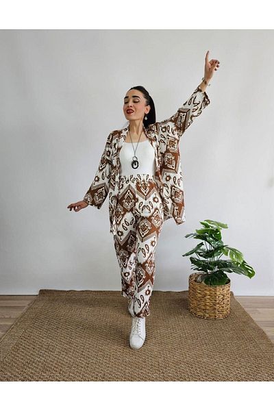 İpli Brown Pocket Detailed Narrow Leg Patterned Kimono Set (Full Mold)