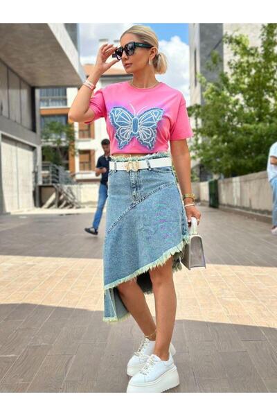 Kokoşum Butik Μοντέλο 4764 - Ροζ μπλουζάκι με σχέδιο μπλε πεταλούδας