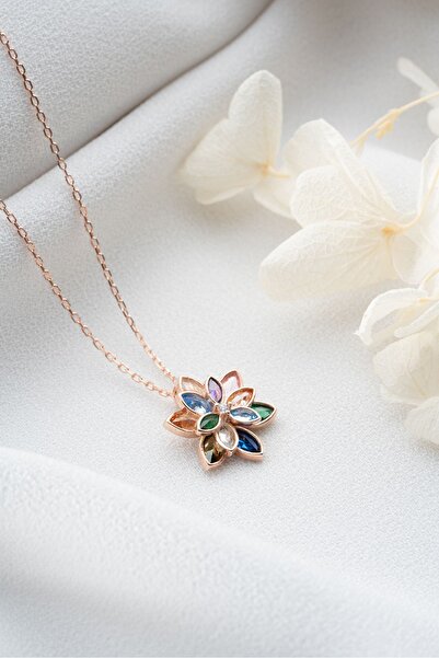 Silvano Jewelry 925 Ayar Gümüş Renkli Lotus Çiçeği Kolye