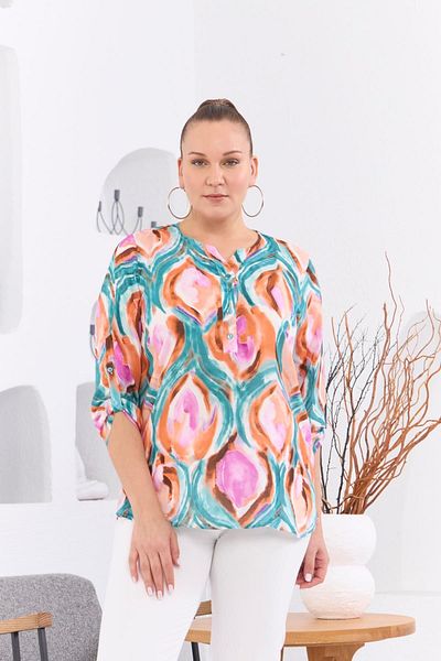 RMG Plus Size Patterned Voile Viscose Tile Blouse - Sleeve Epaulettes