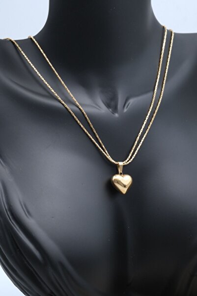 Chillin' Steel Gold Necklace with Chain and Heart - Double Row Design