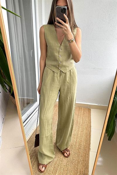 MERVE AKSOY Soft Green Linen Trousers - Anny Loose Cut and Elastic Waist