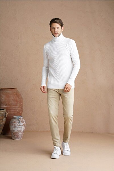 Tarz Cool Чоловічий білий светр з рибальським коміром, в'язаний трикотаж - trz1640r04s