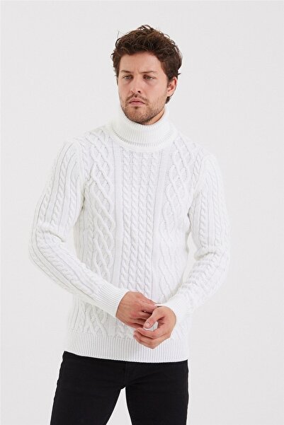 Tarz Cool Men's White Knitted Patterned Knitwear Sweater-trz8152r01s