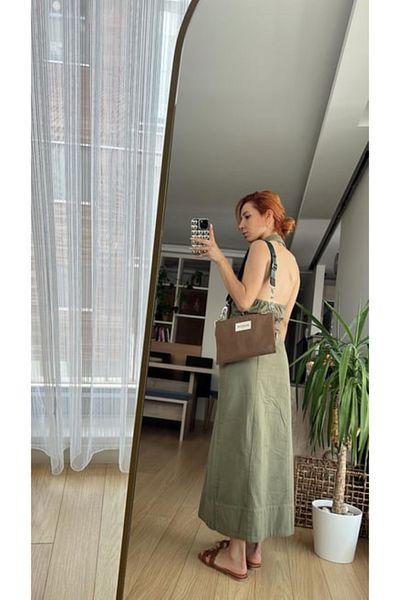 bonnline Λινό φόρεμα Gabardine Διπλό Στήθος - Χακί Πλυμένο με Χαμηλή Πλάτη