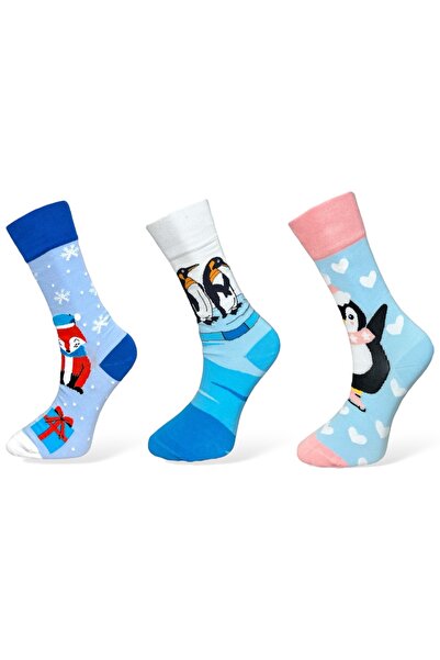 Mevo 3'lü Mavi Hayvan Desenli Unisex Esnek Nem Alabilen Pamuklu Soket Çoraplar