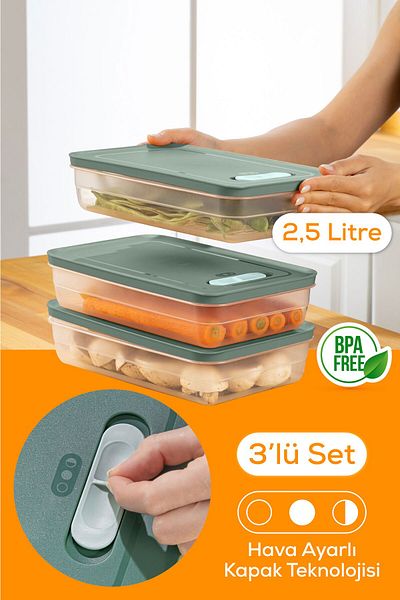 Vienev Green 2.5 Liter - 3-Piece Adjustable Vegetable and Fruit Storage Container