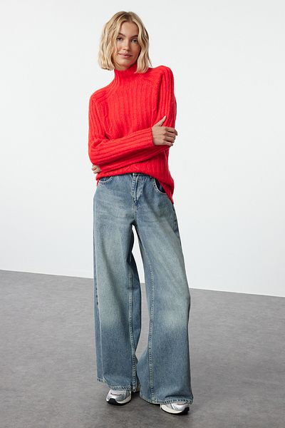 Trendyol Collection Soft Textured Red Knitwear Sweater - Stand Collar, Knitted Detail Twoaw25Kz00049