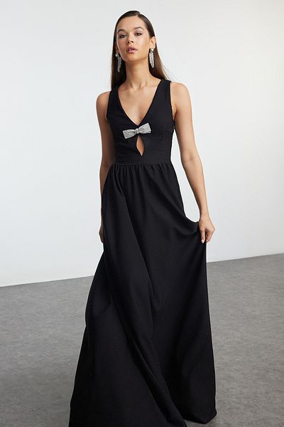 Trendyol Collection Μαύρο φιόγκο Λεπτομερές υφαντό κομψό μακρύ βραδινό φόρεμα & φόρεμα επιστροφής στο σπίτι TPRAW25AE00009