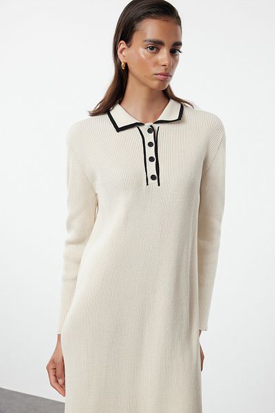 Trendyol Modest Πέτρινο πλεκτό φόρεμα πόλο με κουμπιά πέτρας TCTAW25EB00044