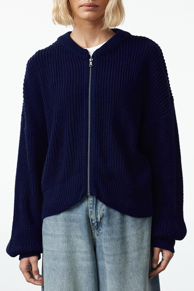 Trendyol Collection Bomber gallér cipzáras sötétkék kötöttáru kardigán - széles szabású TWOAW24HI00153