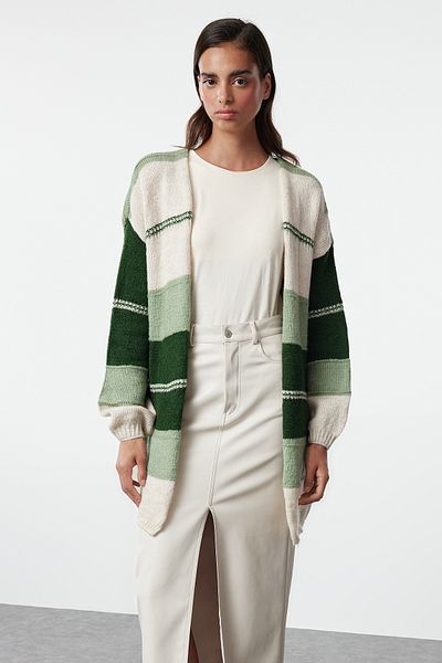 Trendyol Collection Green Block Patterned Soft Knitwear Cardigan - Twoaw25Hi00271