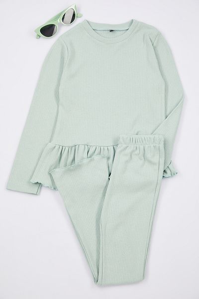 TRENDYOLKIDS Lány menta pamut kötött pulóver és melegítőnadrág szett - TKDAW25AU00051