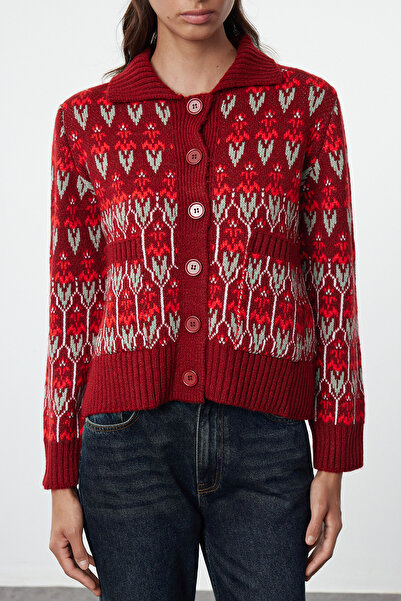 Trendyol Collection Polo Collar Patterned Claret Red Knitwear Cardigan - Soft Textured Twoaw25Hi00286