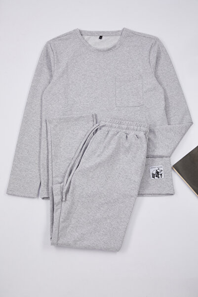 Trendyol Collection Gray Regular Fit Label Detailed Knitted Pajamas Set Tmnaw24Pt00029
