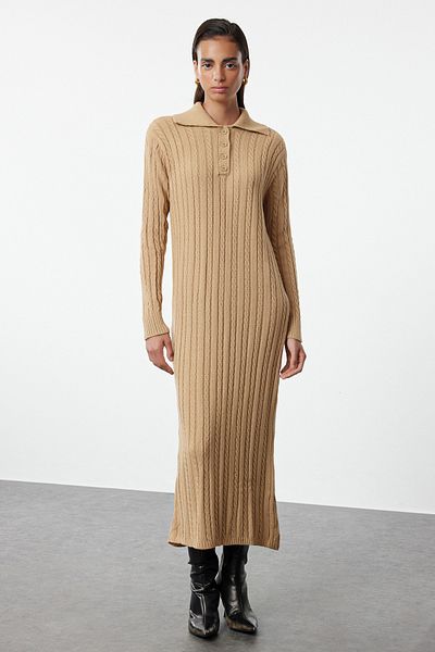 Trendyol Modest Polo Collar Camel Knitwear Dress - Hair Braided TCTAW25EB00024