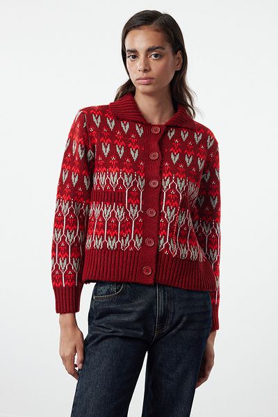 Trendyol Collection Burgunderfarbener Strick-Cardigan mit Polokragen-Muster – weich strukturiert TWOAW25HI00286