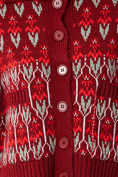 Trendyol Collection Polo Collar Patterned Claret Red Knitwear Cardigan - Soft Textured Twoaw25Hi00286