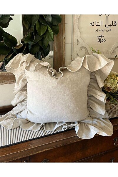 EVYA 100% Cotton Raw Linen Ruffled Vintage Throw Pillow Cover 43x43 cm