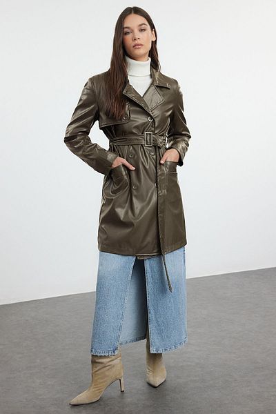 Trendyol Collection Umělá kůže tmavý khaki trenčkot - Regular Fit TWOAW25tr00012