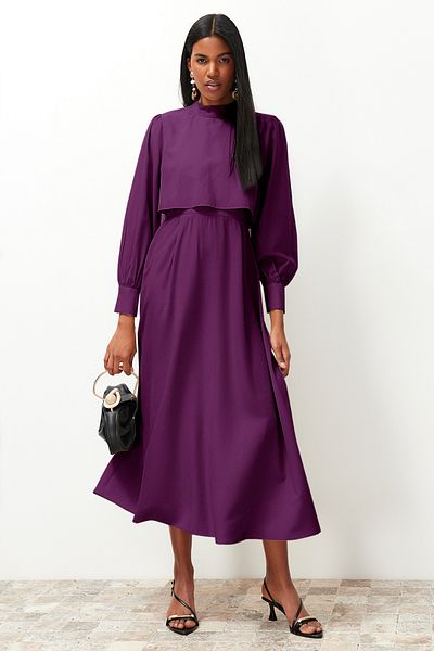 Trendyol Modest Gewebtes dunkelviolettes Kleid - Aller Piece Detailed TCTSS24EB00190