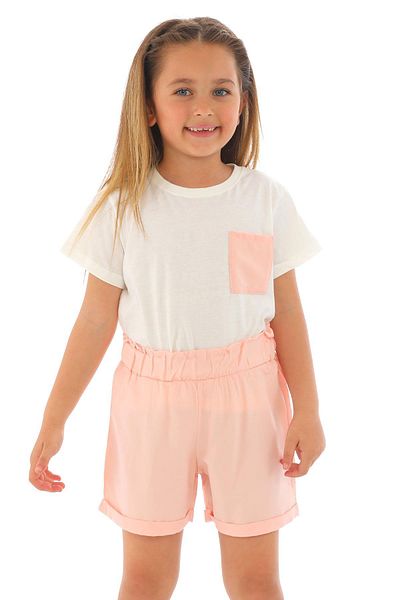 zepkids Crew Neck Short Sleeve Front Pocket Detailed Ecru Salmon Color Girl's Suit
